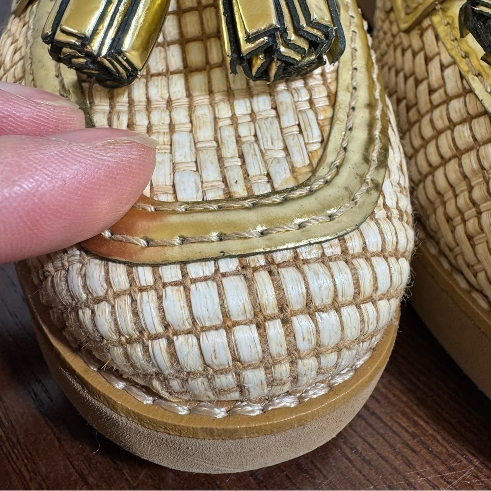 TORY BURCH Raffia & Metallic Gold Leather Trims Loafers in size 6 New - Picture 7 of 15